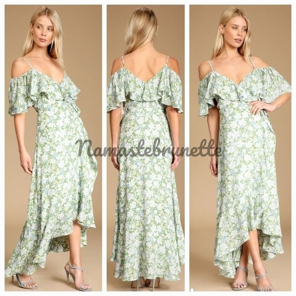 Nwt Lulu's S Green Floral Print Cold Shoulder Wrap Dress - Picture 1 of 14